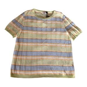 NWT St. John Sport Green Pastel Striped Knit Short Sleeve Top Sz L